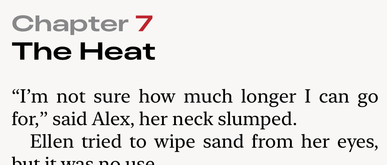 Werdsmith Novel mode showing an automatically numbered Chapter 7, its title The Heat, and indented prose